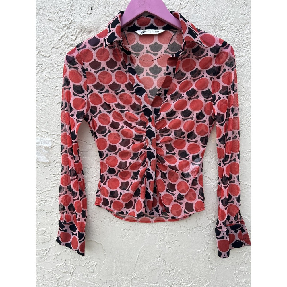 Zara Sheer Mesh Ruched Front Button Down Shirt Red Black Circle Print Size XS